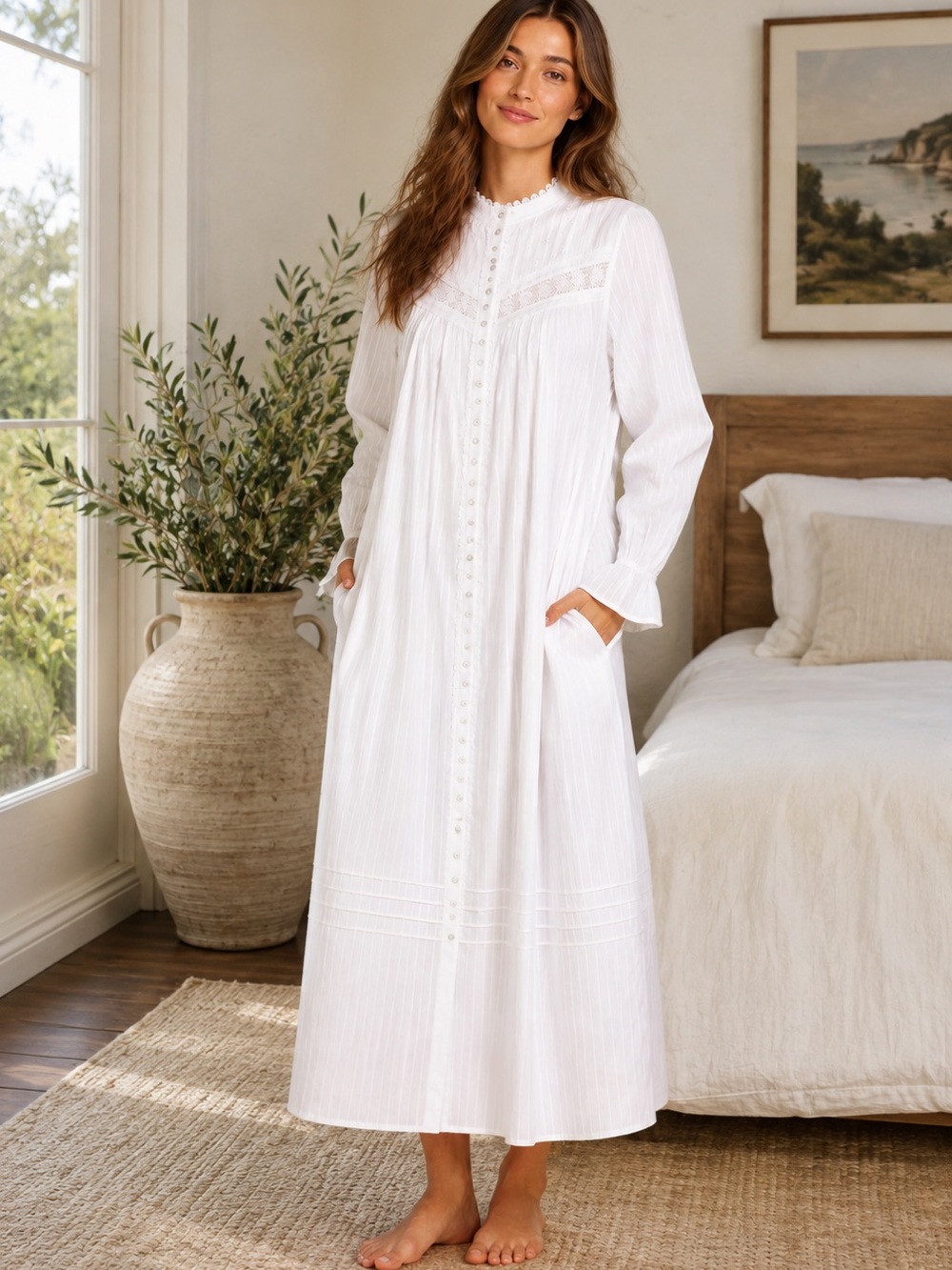 Eileen West Small Women's White Long Button-Front Nightgown
